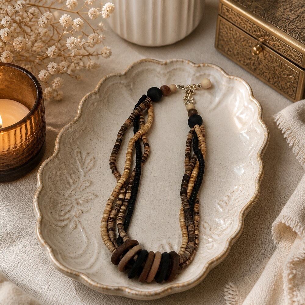 Sahara Sands Multi-Strand Heishi Wood Ring Statement Necklace